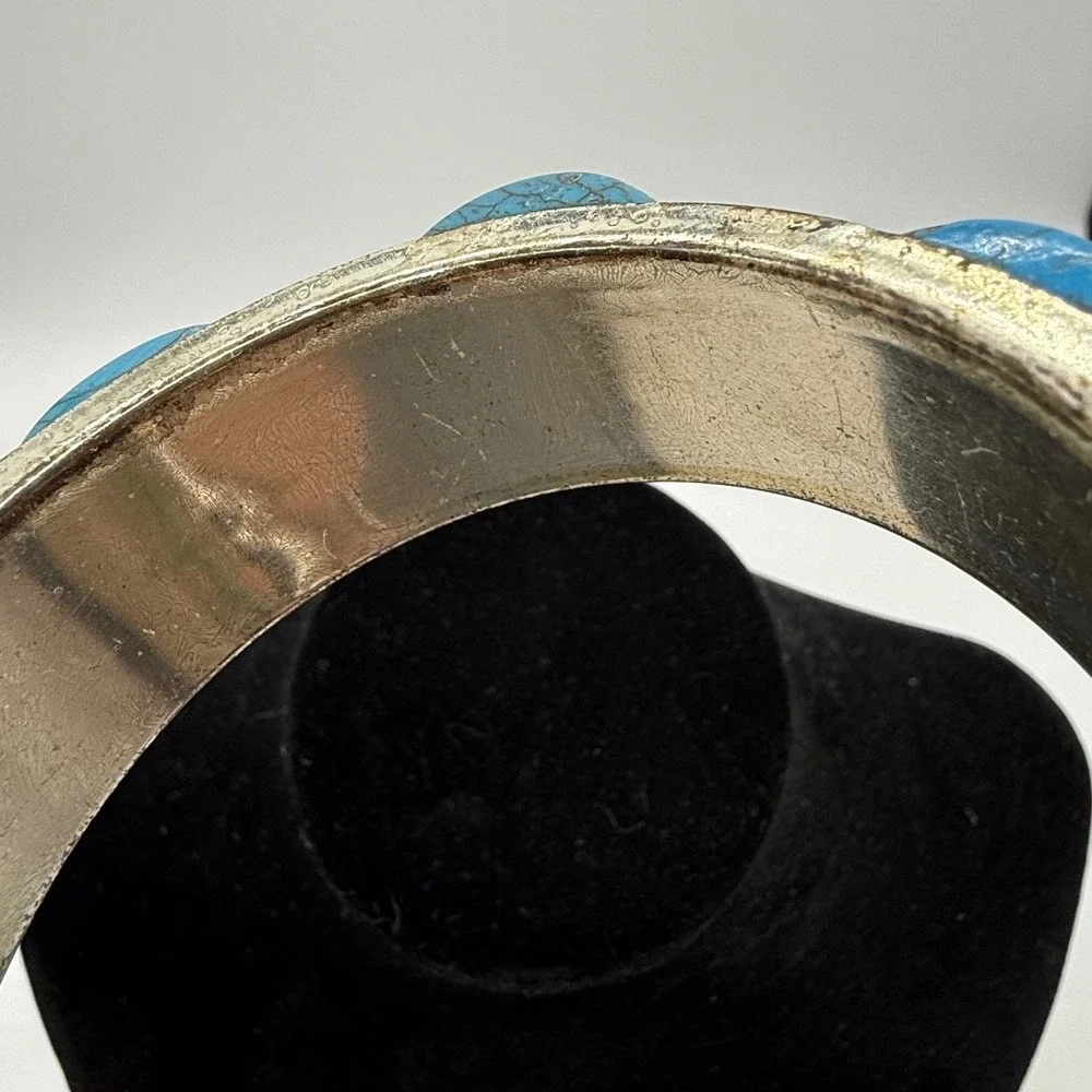 Vintage Silver Tone Faux Turquoise Chunky Bangle Bracelet Southwestern Boho 4253